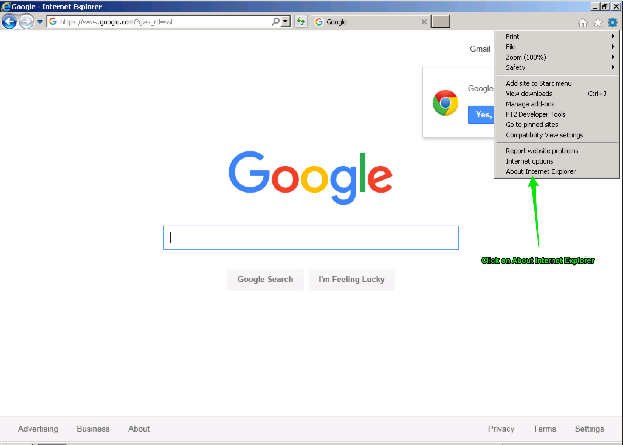 About Internet Explorer is at the bottom of the Help menu