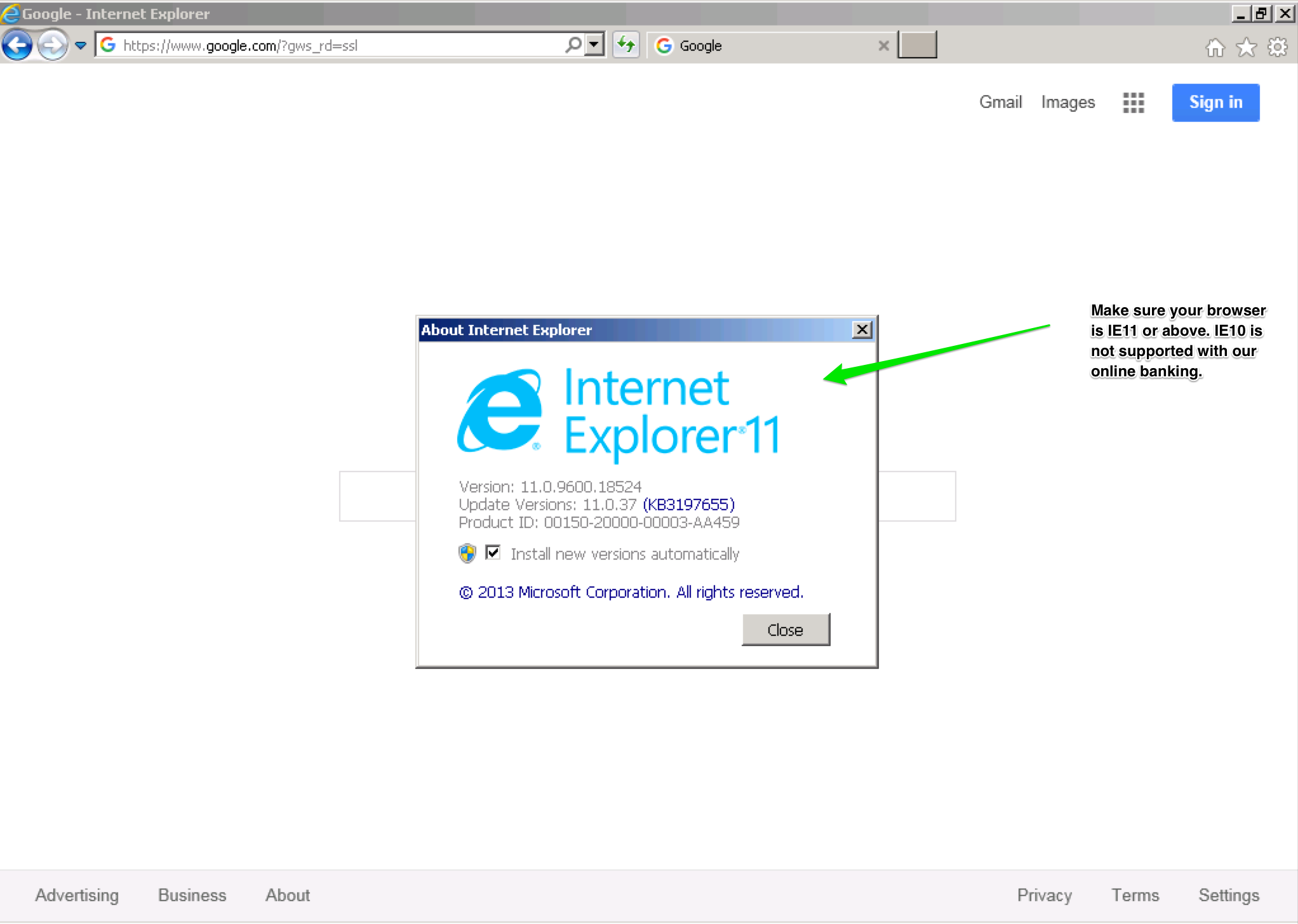 Make sure your browser is IE11 or above. IE10 is not supported with our online banking.